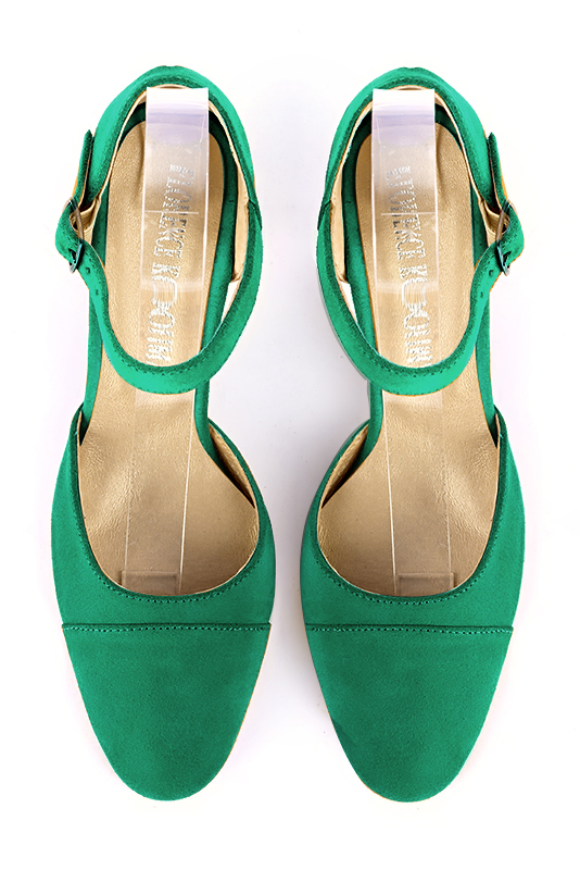 Emerald green women's open side shoes, with an instep strap. Round toe. Medium block heels. Top view - Florence KOOIJMAN